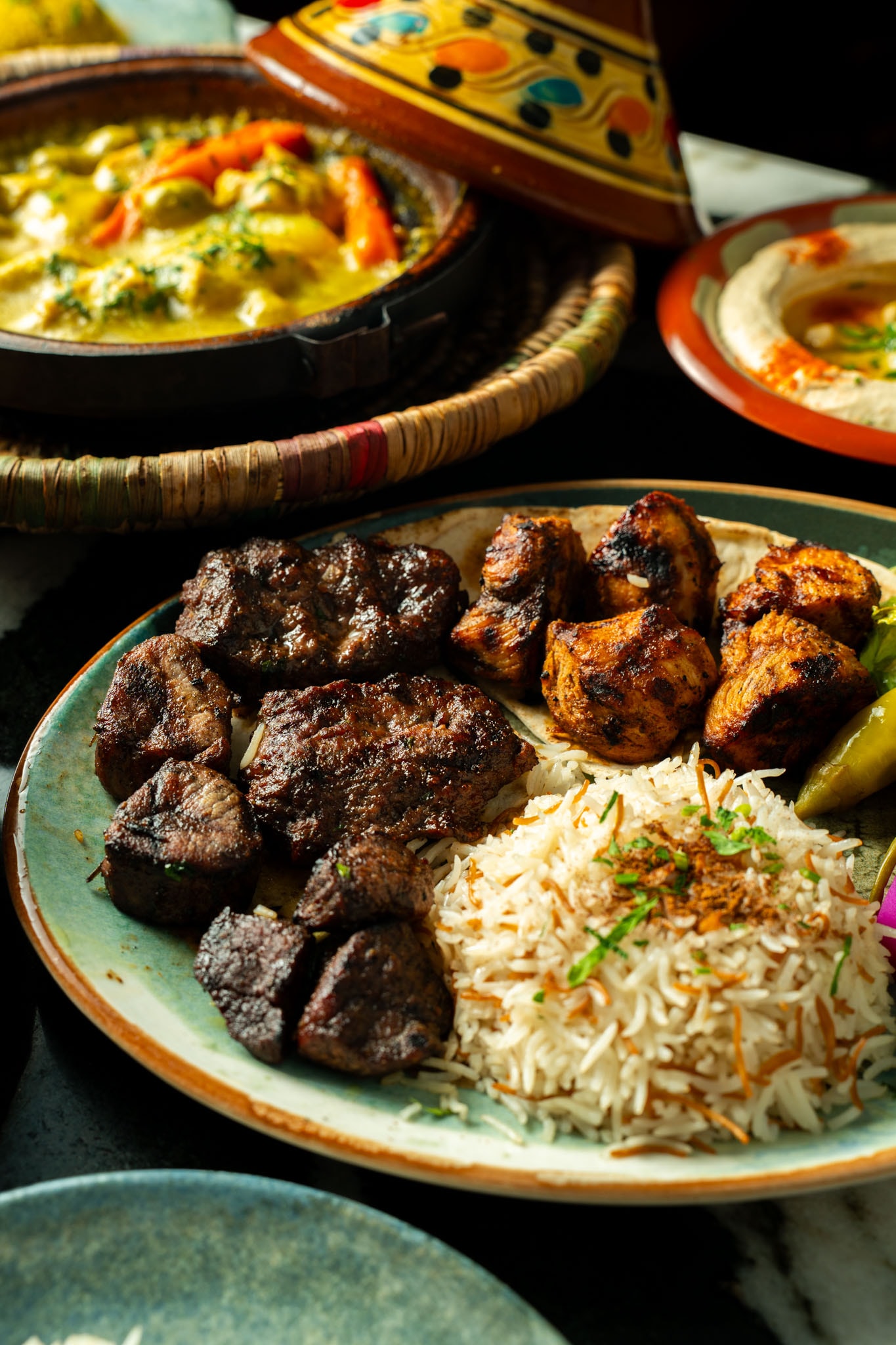 Grilled meats and rice with tagine dishes at Leila